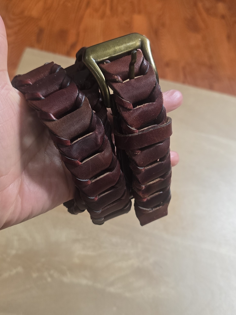 Title: Vintage Woven Braided Leather Belt Brass Buckle Made in Uruguay Size M/L